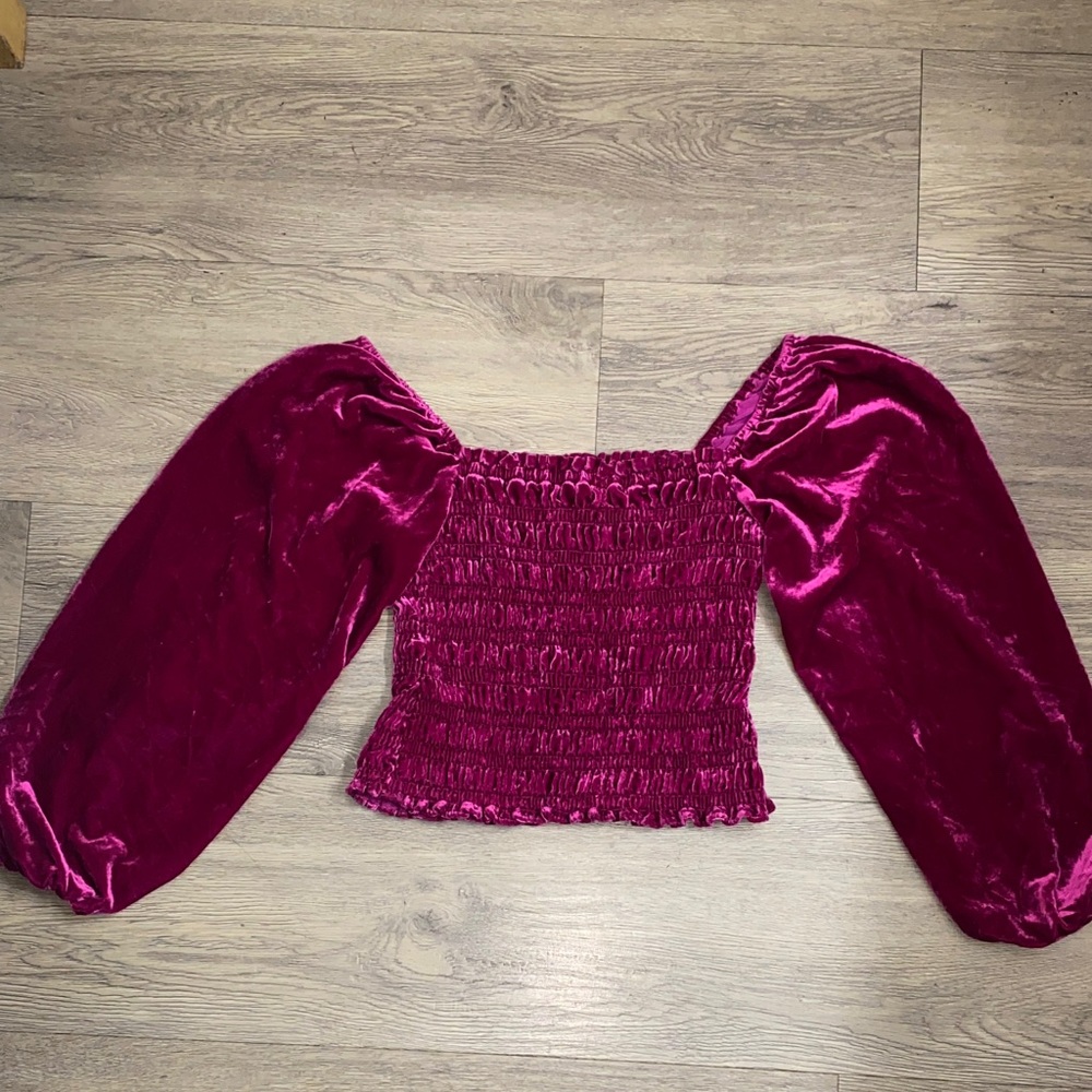 ANTHROPOLOGIE Velvet Smocked Long Sleeve Top in Pink